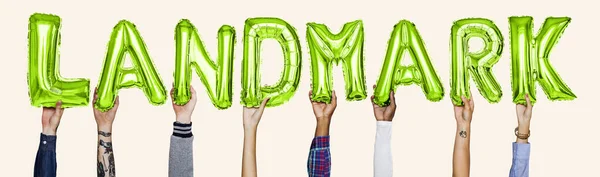 Hands Showing Landmark Balloons Word — Stock Photo, Image