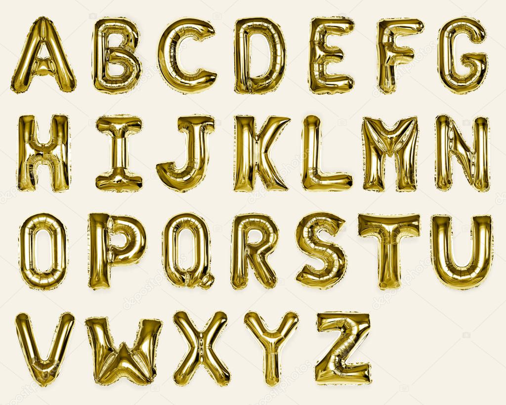 Set of gold capital A-Z alphabet balloons