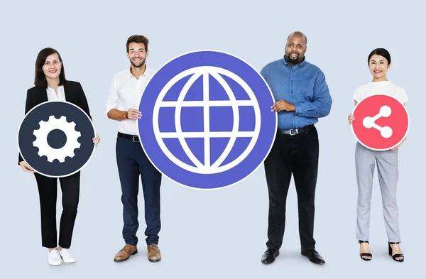Happy Diverse People Holding Internet Icons — Stock Photo, Image