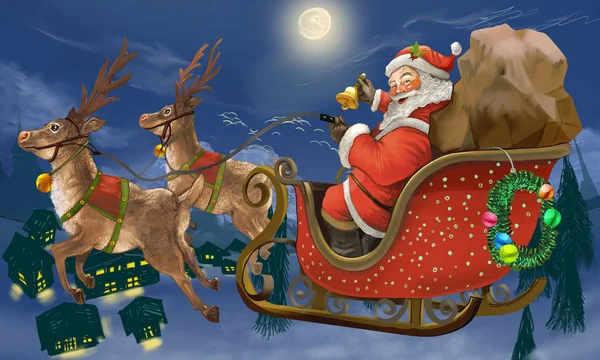 Dibujado Mano Santa Claus Montar Trineo Entrega Regalos —  Fotos de Stock