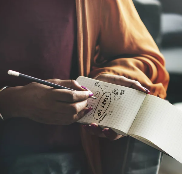 Mulher Desenhando Ideias Inicialização Bloco Notas — Fotografia de Stock