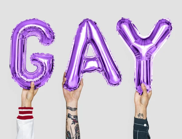 Μωβ Αλφάβητο Μπαλόνια Που Αποτελούν Λέξη Gay — Φωτογραφία Αρχείου