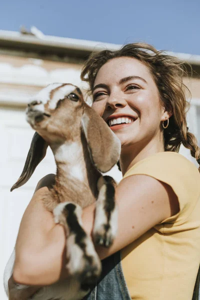 Portrait Beautiful Young Woman Goat Stock Image