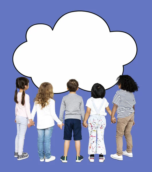 Niños Tomados Mano Mirando Tablero Forma Nube —  Fotos de Stock