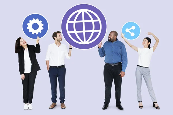 Happy Diverse People Holding Internet Icons — Stock Photo, Image