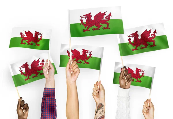Mãos Agitando Bandeiras País Gales — Fotografia de Stock