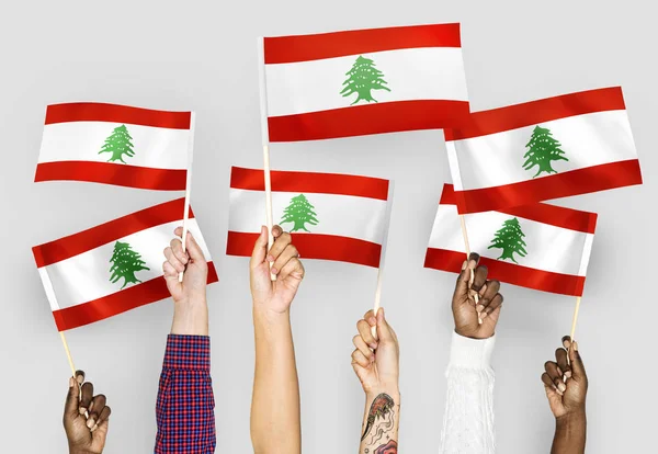 Mãos Acenando Bandeiras Líbano — Fotografia de Stock