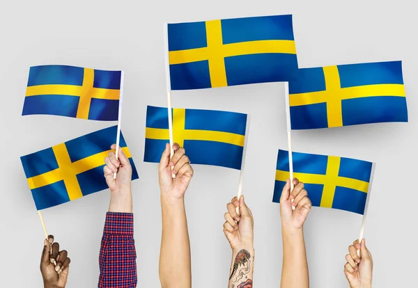 Руки Розмахуючи Прапори Швеції — стокове фото