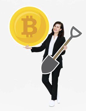 Bitcoin cryptocurrency ve araştırma kavramı simgeler holding iş kadını