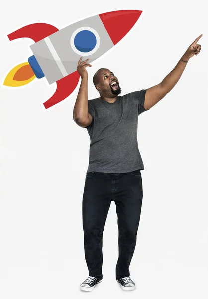 Fröhlicher Mann Mit Raketensymbol — Stockfoto