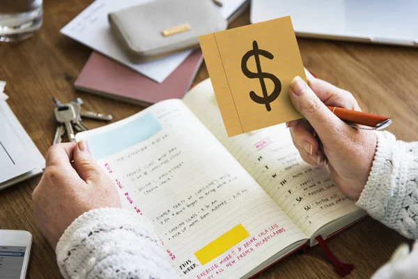 Mão Segurando Sinal Dólar Uma Nota Pegajosa — Fotografia de Stock