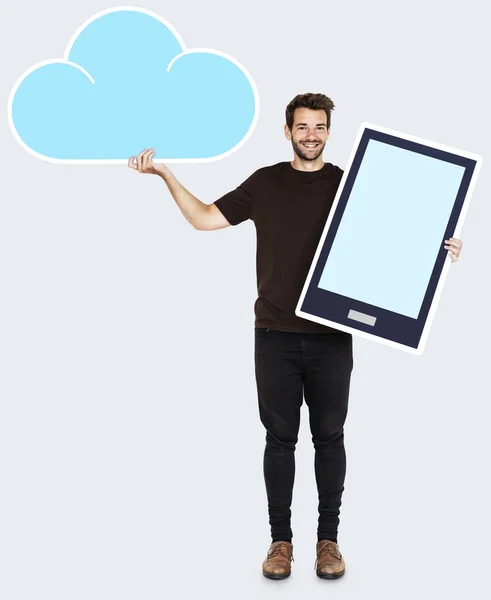 Glad Man Hålla Online Cloud Lagring Ikoner — Stockfoto