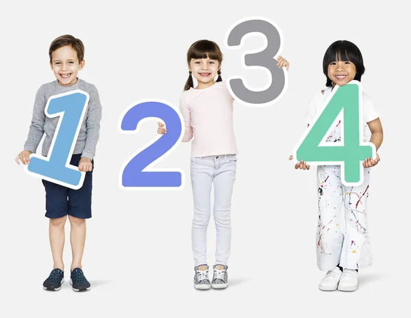 Cheerful Diverse Kids Holding Numbers One Four — Stock Photo, Image