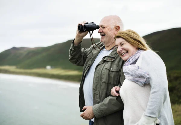 Happy Senior Couple Enjoying Pair Binoculars — Stock Photo, Image