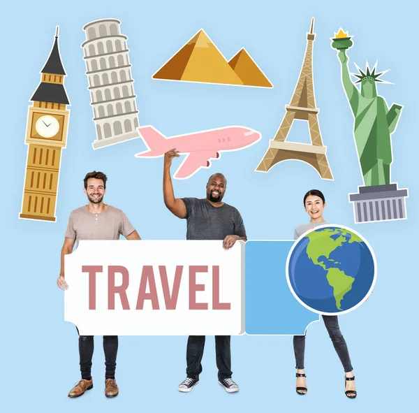 Happy Diverse People Holding Traveling Icons — Stock Photo, Image