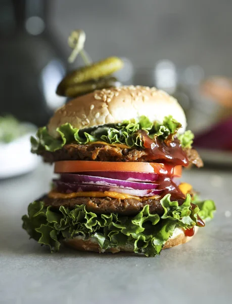 Vegan Cheeseburger Jídlo Fotografie Recept — Stock fotografie