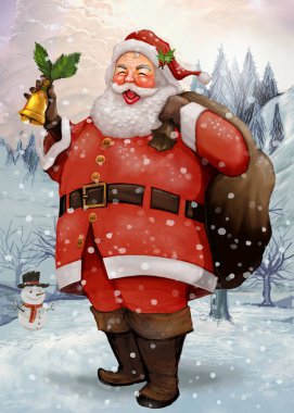 Neşeli Noel Baba hediyeleri çuval taşıma el çekilmiş