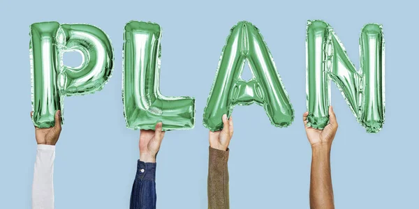 Green Alphabet Helium Balloons Forming Text Plan — Stock Photo, Image