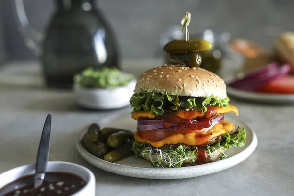 Vegan Cheeseburger Jídlo Fotografie Recept — Stock fotografie