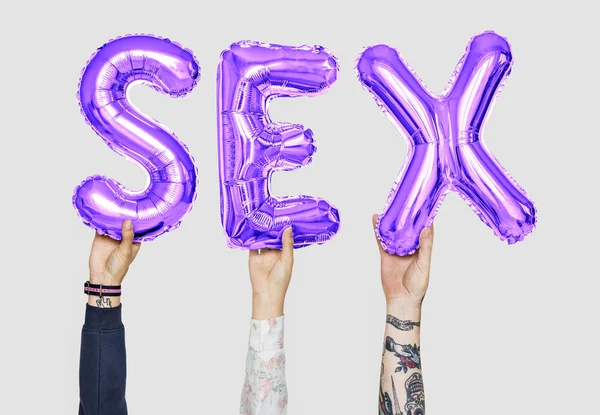Hände Halten Sex Wort Luftballonbuchstaben — Stockfoto