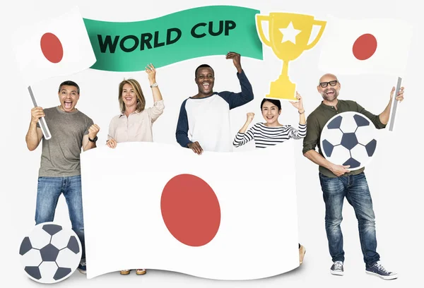 Diversos Aficionados Fútbol Con Bandera Japón —  Fotos de Stock