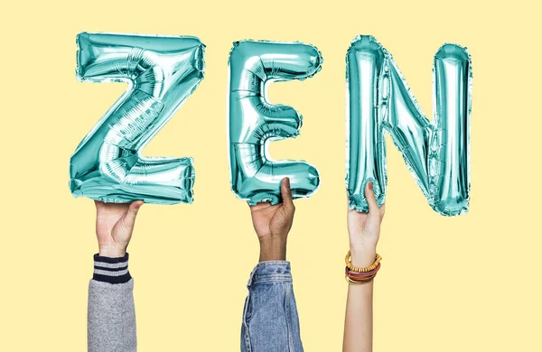 Hands Holding Zen Word Balloon Letters — Stock Photo, Image