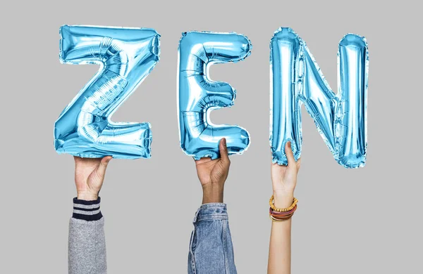 Ręce Trzymając Zen Słowa Balon Literami — Zdjęcie stockowe