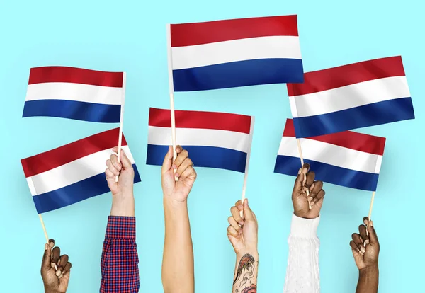 Handen Zwaaien Vlaggen Van Nederland — Stockfoto