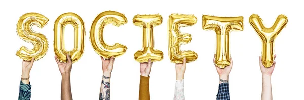 Yellow Gold Alphabet Balloons Forming Word Society — Stock Photo, Image