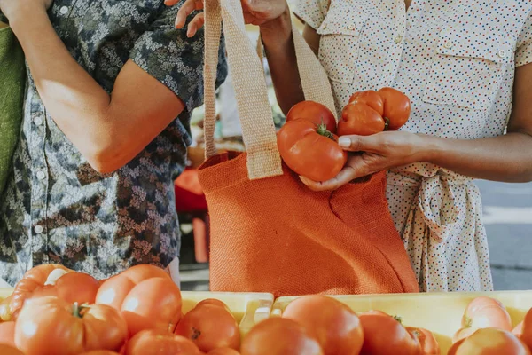 Freunde Kaufen Frische Tomaten Auf Bauernmarkt — Stockfoto