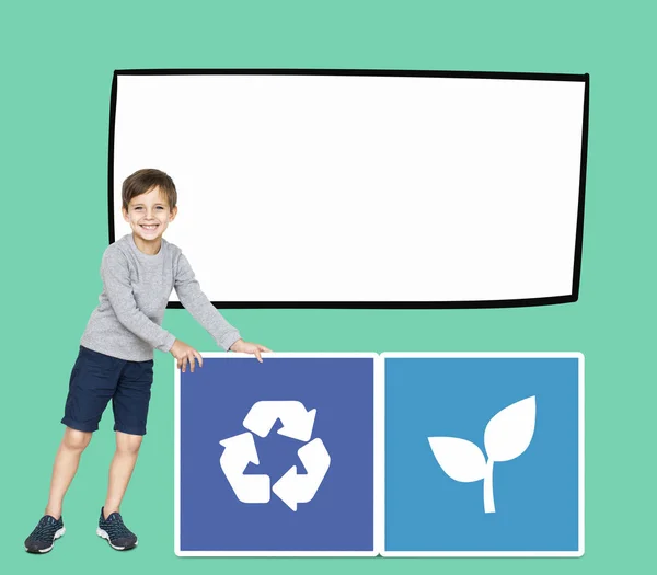 Menino Feliz Com Ícones Reciclagem — Fotografia de Stock