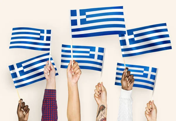 Mãos Acenando Bandeiras Grécia — Fotografia de Stock