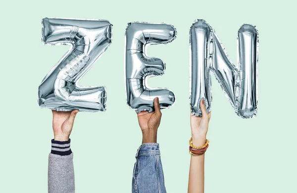 Hands Holding Zen Word Balloon Letters — Stock Photo, Image