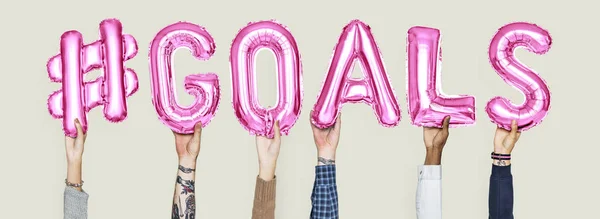 Ręce Trzymając Goals Słowo Balon Litery — Zdjęcie stockowe