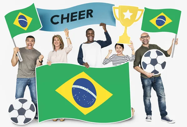 Diverse Football Fans Holding Flag Brazil — Stock Photo, Image