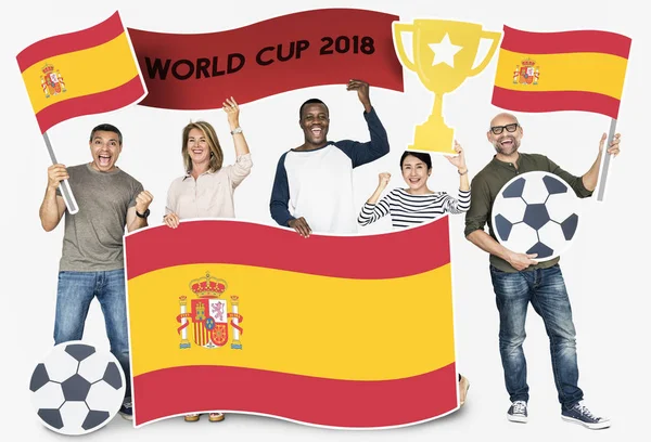 Diverse Football Fans Holding Flag Spain — Stock Photo, Image