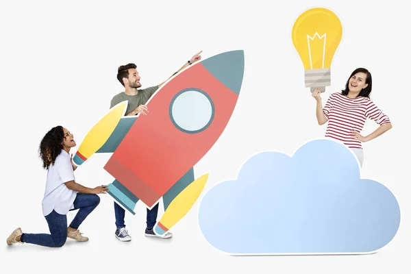 Concept Stockage Innovation Cloud Avec Une Icône Fusée — Photo