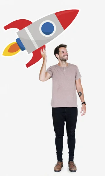 Homme Créatif Avec Une Fusée Lancement Symbole — Photo