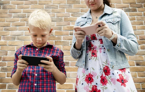 Young Boy Playing Mobile Game His Sister — Stock Photo, Image