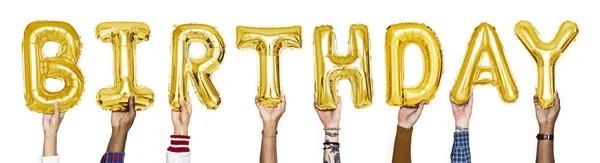 Luftballons Aus Gelbem Gold Bilden Das Wort Geburtstag — Stockfoto