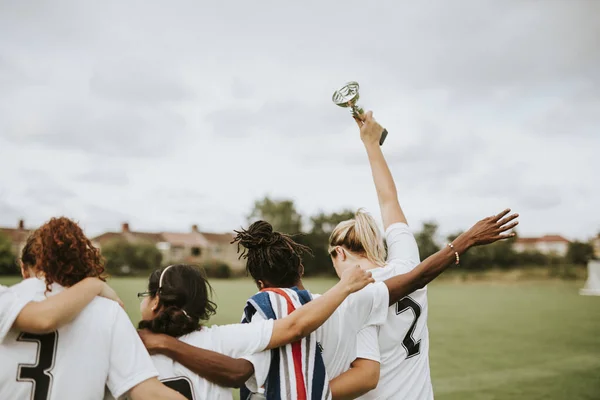 Female Football Players Taking Winning Cup Back Home — Stock Photo, Image