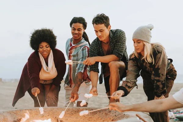 Przyjaciele Prażenie Marshmallows Plaży — Zdjęcie stockowe