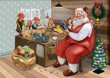 El çizilmiş Noel Baba bir atölyede onun elfler ile Noel hediyeleri yapma