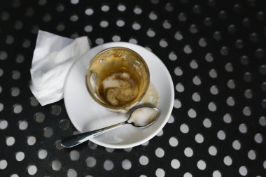 Boş bardak kahve bir fincan tabağı ve kaşık