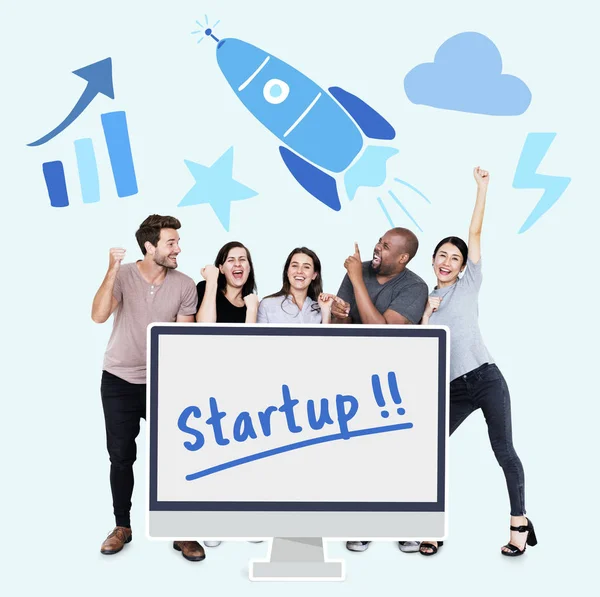 Feliz Diversas Pessoas Segurando Ícones Startup — Fotografia de Stock