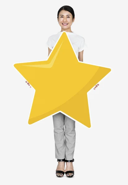 Businesswoman Holding Golden Star Rating Symbol — Stock Photo, Image