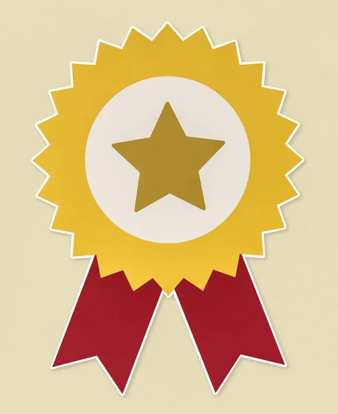 Golden Star Prize Badge Red Ribbons — Stock Photo, Image