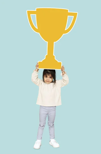 Dziewczyna Świętować Sukces Trofeum — Zdjęcie stockowe