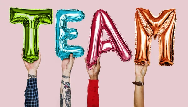 Manos Mostrando Palabra Globos Del Equipo — Foto de Stock