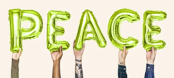 Πράσινο Αλφάβητο Μπαλόνια Που Σχηματίζουν Την Λέξη Ειρήνη — Φωτογραφία Αρχείου